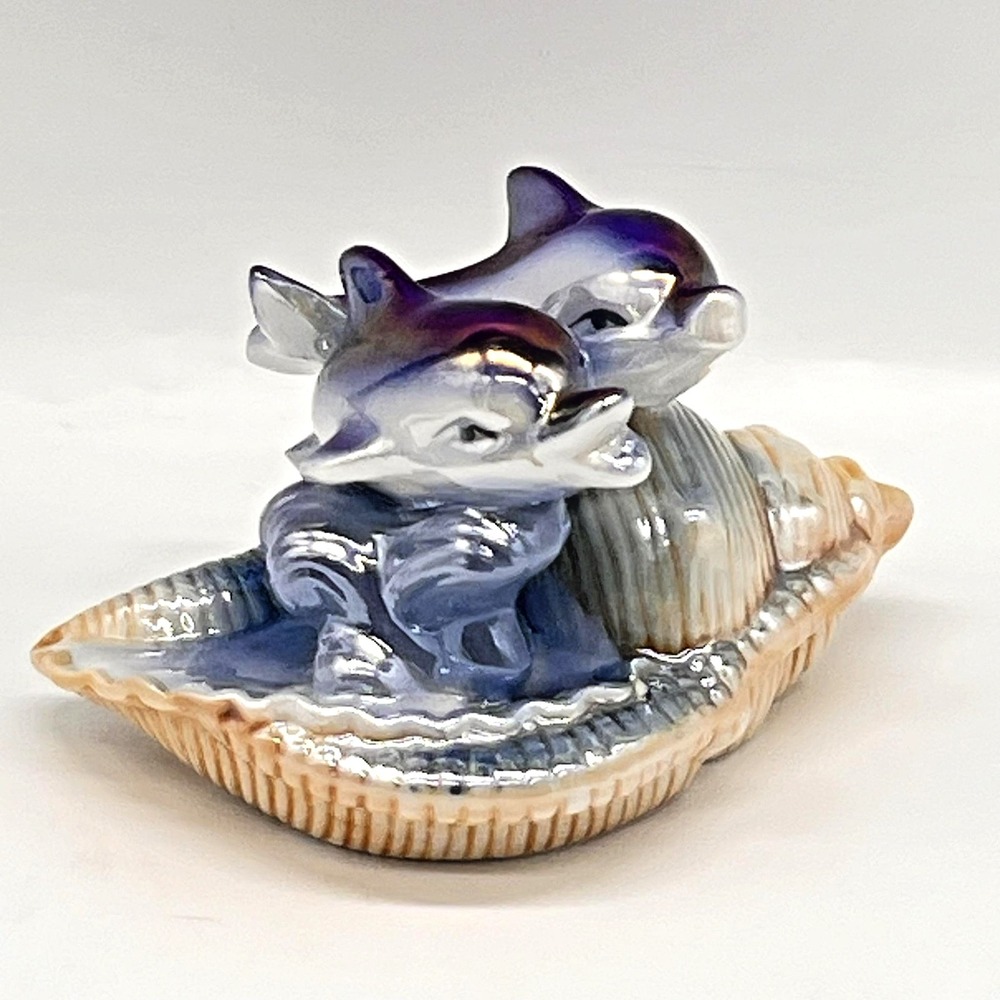 Vintage Lusterware Iridescent Porcelain Dolphins On Seashell Mirtex Trading
